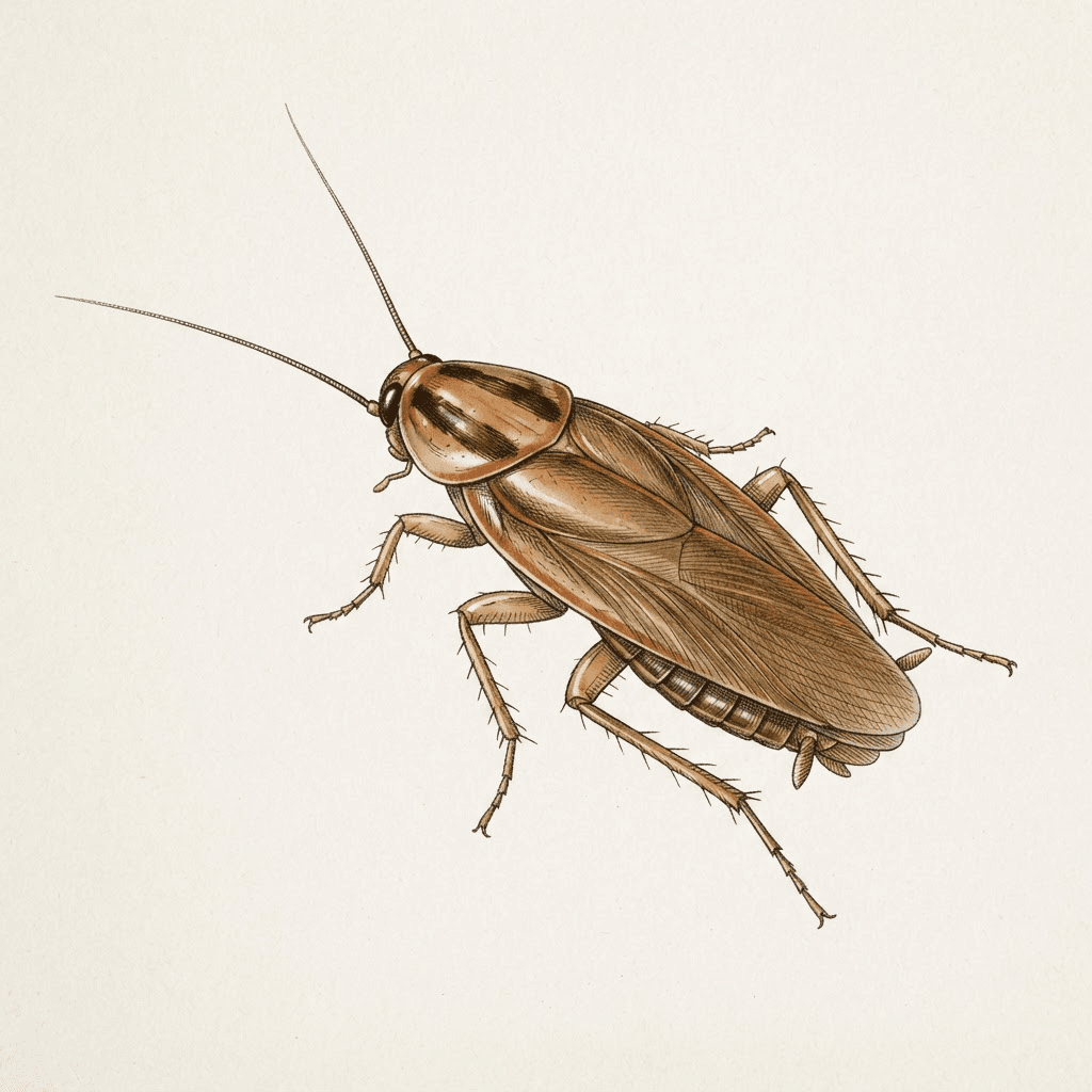 Planche naturaliste : blatte germanique (Blattella germanica) dessinée de dessus