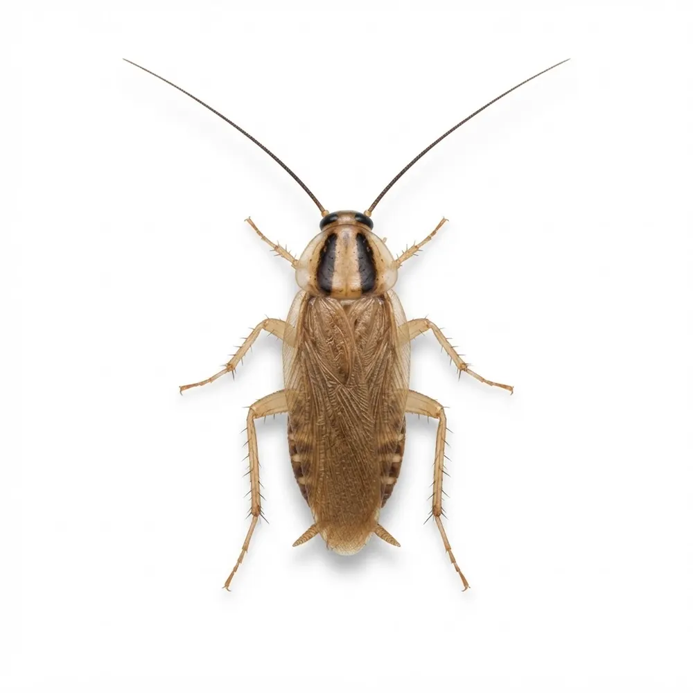 Blatte germanique (Blattella germanica) vue de dessus, petite, brun clair avec deux bandes sombres sur le pronotum